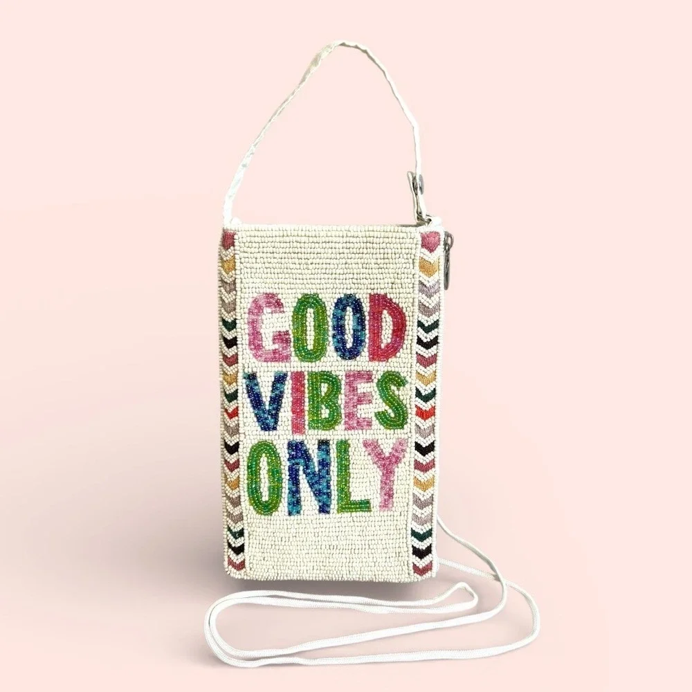 Bamboo Trading‎ Co Beaded Phone Crossbody Bag Good Vibes Only Wristlet Satchel